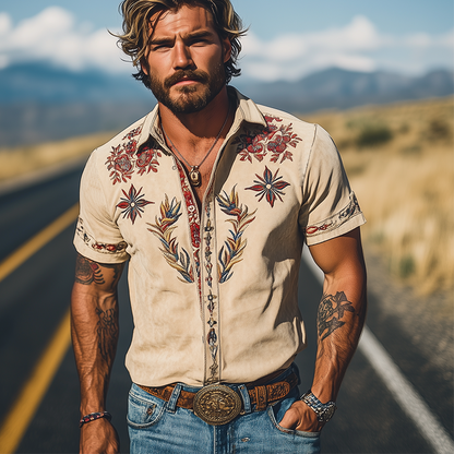 【24-hour shipping out】Men's Spring/Summer Fashion Retro Western Style Suede Embroidered Short Sleeve Shirt MTA1533D2K