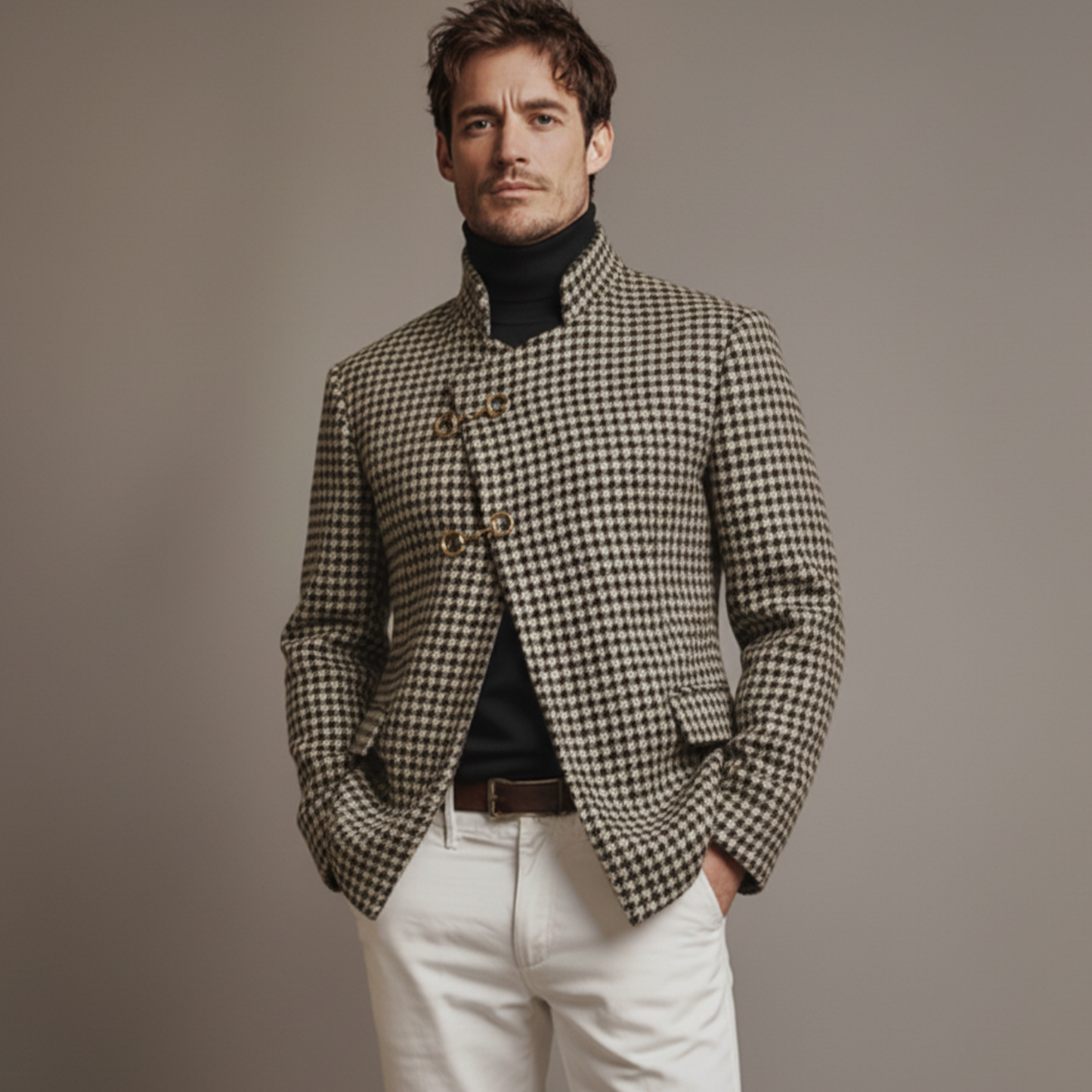 Men's Classic Retro Stand-up Collar Slanted Placket Metal Button Faux Houndstooth Wool Jacket MTA0876K0K