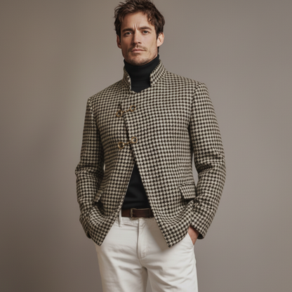 Men's Classic Retro Stand-up Collar Slanted Placket Metal Button Faux Houndstooth Wool Jacket MTA0876K0K
