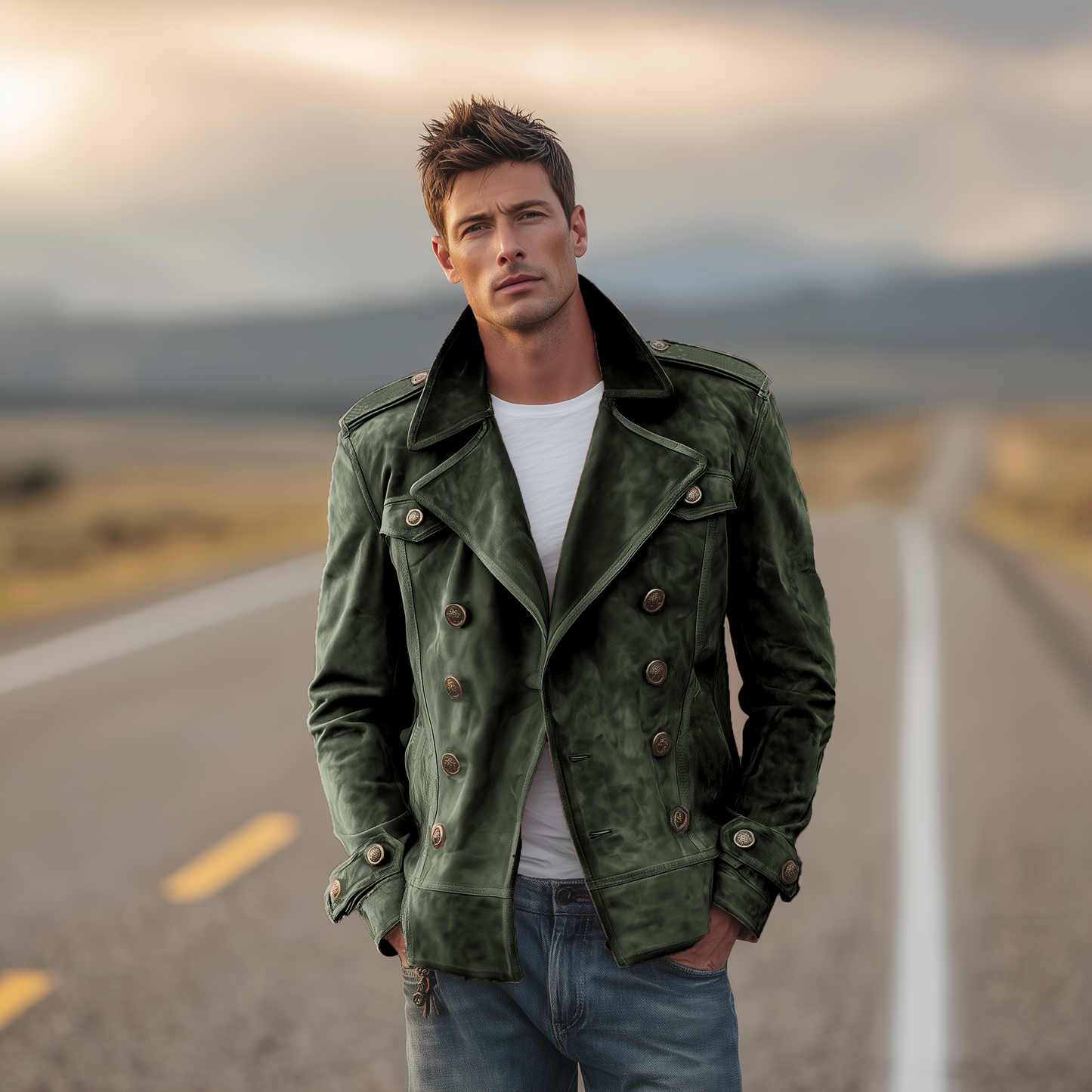 Men's Classic Retro Western Style Lapel Suede Epaulette Double-breasted Jacket MTA0801H7K