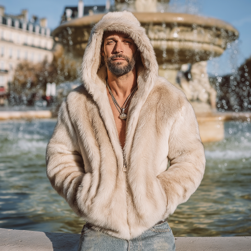 Men's Beige Luxury Plush Faux Mink Hooded Jacket Jacket MTA0734K8U