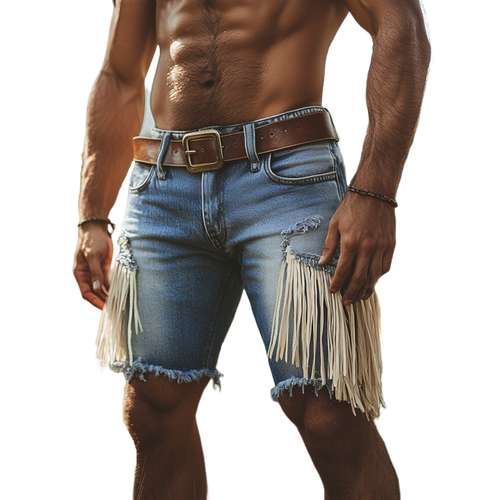 Men's Summer Western Cowboy Style Tassel Denim Shorts MTA1288E0U