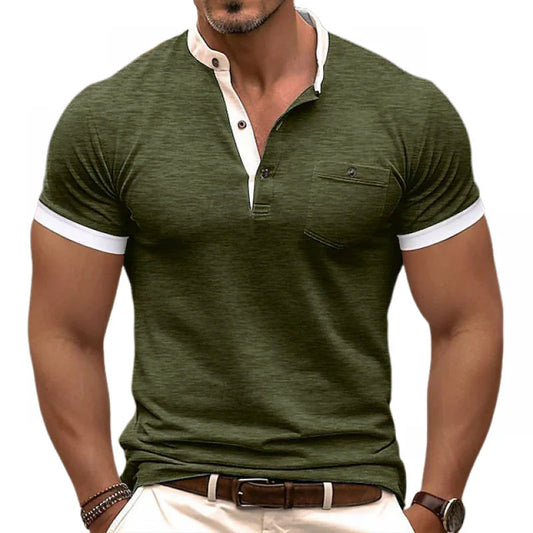 Men's Casual Colorblock Cotton Henley Collar Patch Pocket Slim Fit Short Sleeve T-Shirt MTA0647E5M