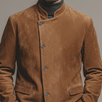 Men's Classic Retro Stand-up Collar Slanted Placket Faux Suede Jacket MTA0840K1K