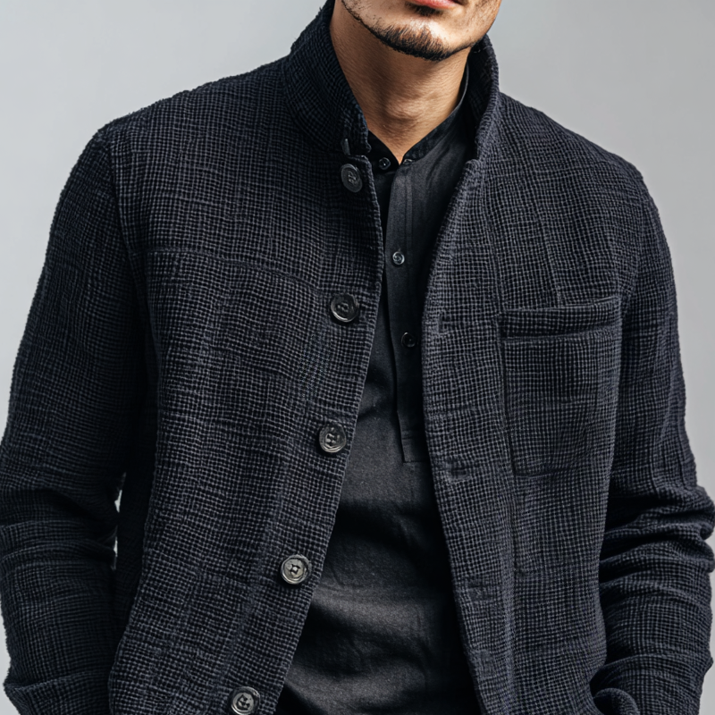 Men's Solid Textured Stand Collar Single Breasted Casual Jacket MTA1901H5Z