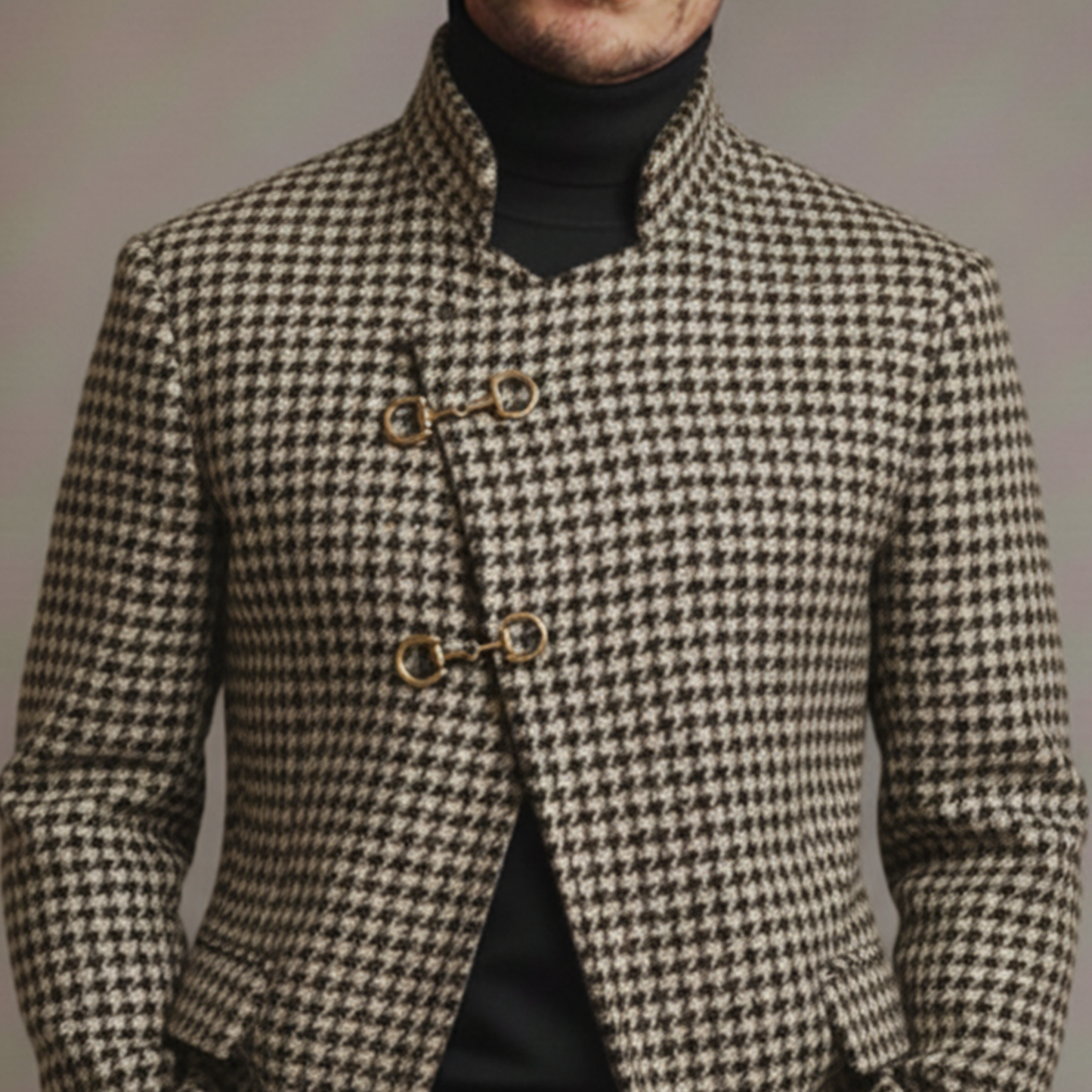 Men's Classic Retro Stand-up Collar Slanted Placket Metal Button Faux Houndstooth Wool Jacket MTA0876K0K