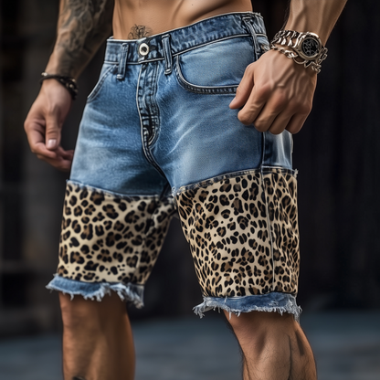 Men's Casual Outdoor Washed Raw Edge Distressed Leopard Patchwork Slim Fit Denim Shorts MTA1642F7M