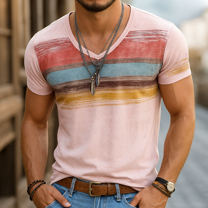 【24-hour shipping out】Men's Retro Casual Shabby Striped Printed V-Neck Short Sleeve T-Shirt MTA2517D8TO