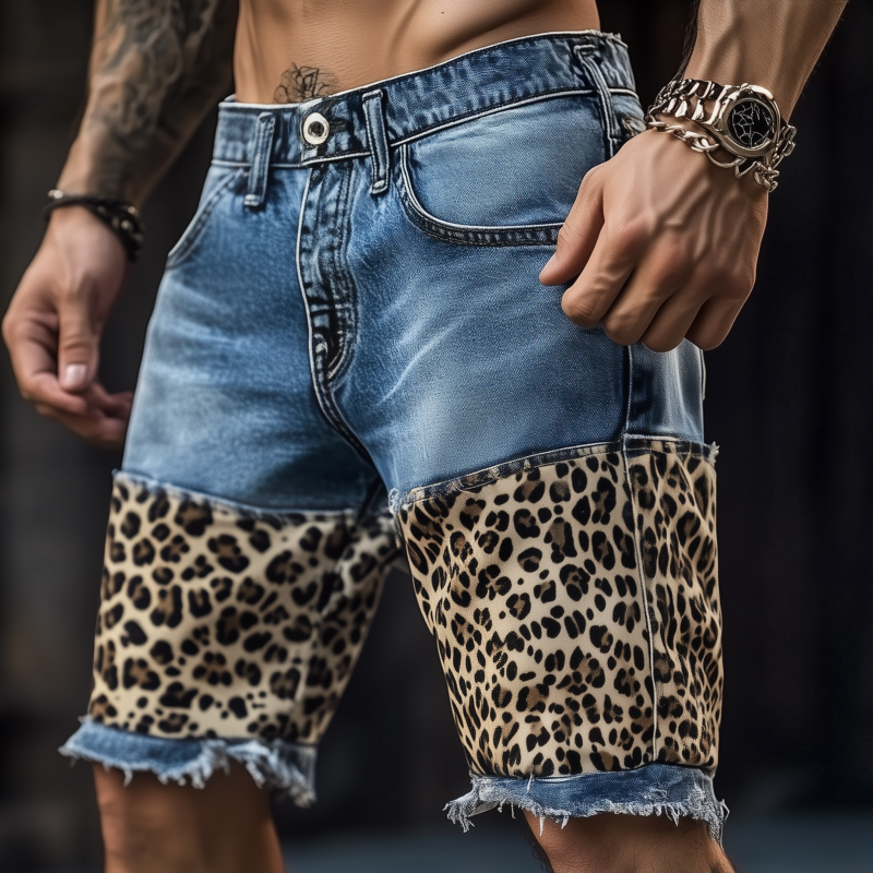 Men's Casual Outdoor Washed Raw Edge Distressed Leopard Patchwork Slim Fit Denim Shorts MTA1642F7M