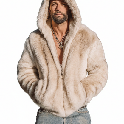 Men's Beige Luxury Plush Faux Mink Hooded Jacket Jacket MTA0734K8U