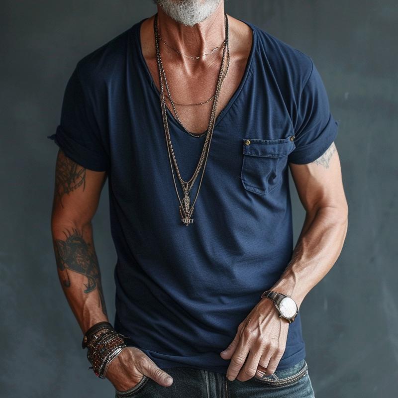 【24-hour shipping out】Men's V Neck Breast Pocket Short Sleeve Cargo T-shirt 63249043Z