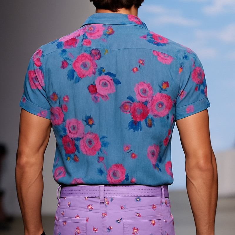 【24-hour shipping out】Men's Retro Casual Mesh Printed Floral Lapel Short Sleeve Shirt MTA1435D2TO