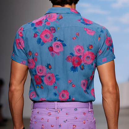 【24-hour shipping out】Men's Retro Casual Mesh Printed Floral Lapel Short Sleeve Shirt MTA1435D2TO