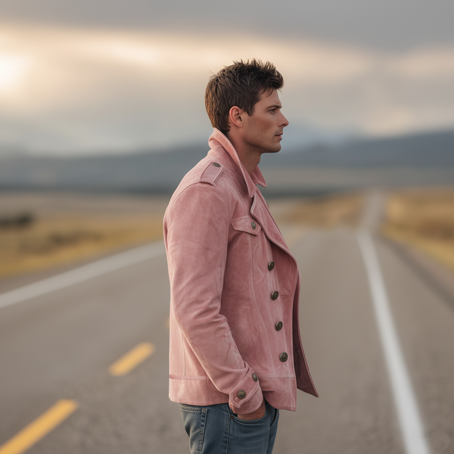 Men's Classic Retro Western Style Lapel Suede Epaulette Double-breasted Jacket MTA0801H7K