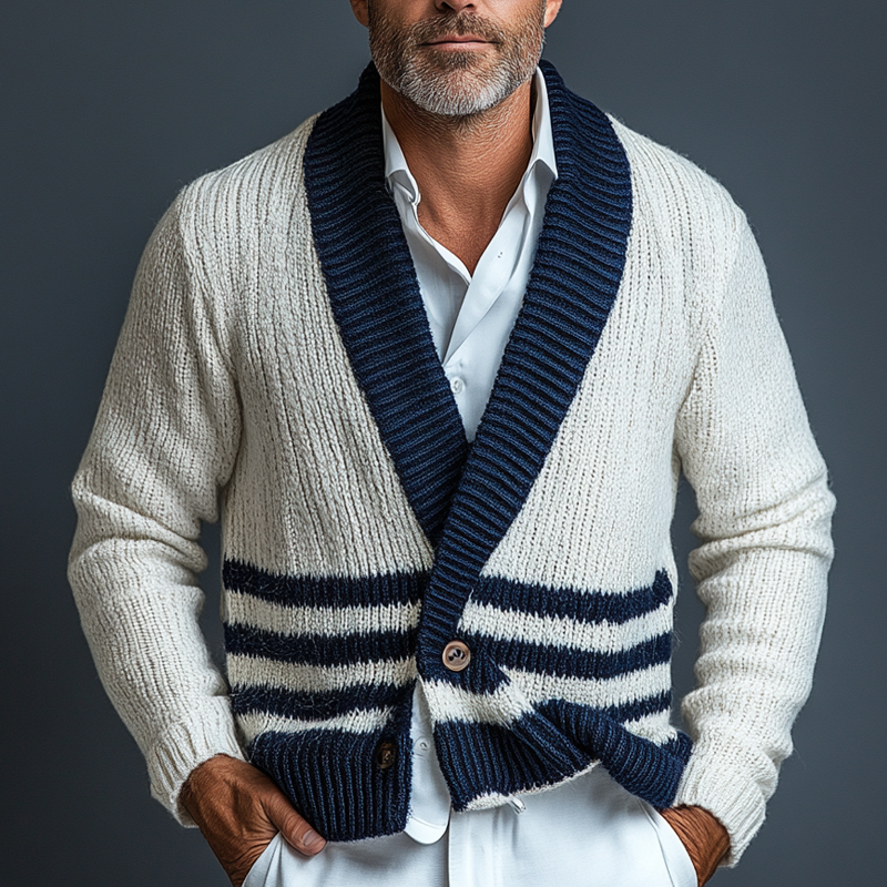 Men's Knitted V-neck Striped Jacquard Cardigan MTA0771K8X