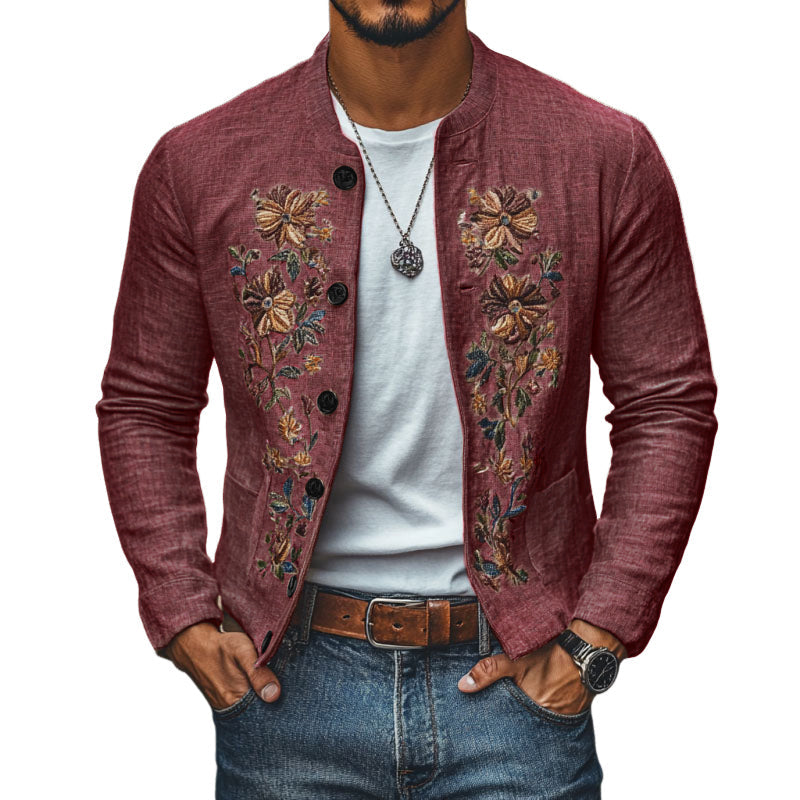 【24-hour shipping out】Men's Casual Linen Embroidered Stand Collar Single Breasted Slim Fit Jacket 48687422M
