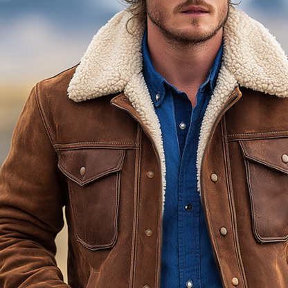 Men's Retro Casual Faux Suede Patchwork PU Fur Collar Jacket MTA3141J3TO