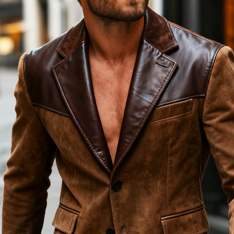 Men's Retro Casual Faux Suede Patchwork PU Blazer MTA0520K3TO