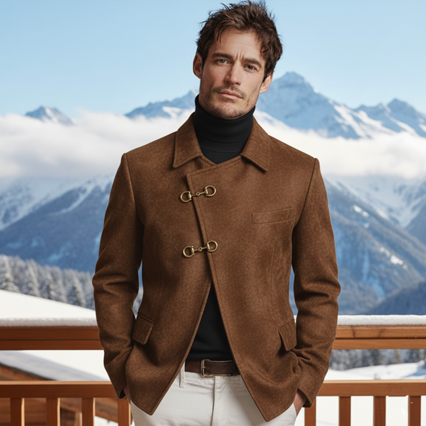 Men's Classic Retro Lapel Slanted Placket Metal Buckle Faux Suede Jacket MTA0816K2K