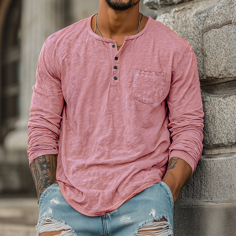 Men's Spring And Summer Casual Tough Style Henry Collar Bamboo Cotton Long Sleeve T-Shirt MTA1676G2K