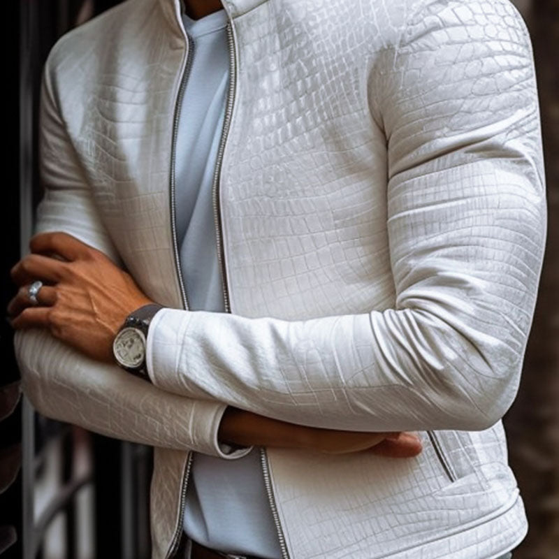 【24-hour shipping out】Men's Fashion Stone Pattern Stand Collar Zipper Slim Fit Leather Jacket 45773252M