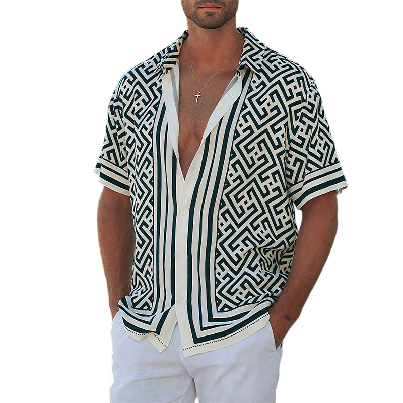 Men's Summer Casual Tencel Cotton Printed Lapel Short Sleeve Shirt MTA0269G9K