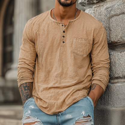 Men's Spring And Summer Casual Tough Style Henry Collar Bamboo Cotton Long Sleeve T-Shirt MTA1676G2K