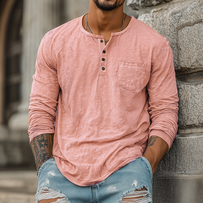 Men's Spring And Summer Casual Tough Style Henry Collar Bamboo Cotton Long Sleeve T-Shirt MTA1676G2K