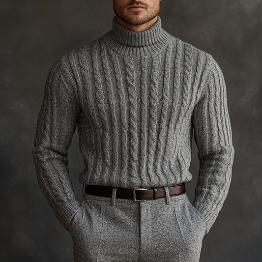 Men's Solid Color Textured Cable Knit Turtleneck Sweater MTA0748K5X