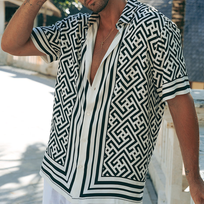 Men's Summer Casual Tencel Cotton Printed Lapel Short Sleeve Shirt MTA0269G9K