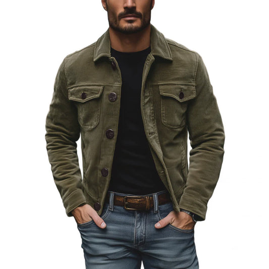 Men's Vintage Solid Color Corduroy Lapel Single Breasted Chest Pocket Cargo Jacket MTA3042G2M
