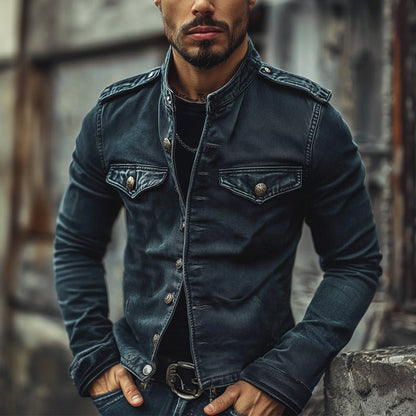 【24-hour shipping out】Men's Vintage Stand Collar Denim Jacket 75697045X