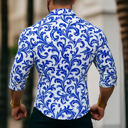 Men's Retro Casual Blue And White Porcelain Print Lapel Long Sleeve Shirt MTA3023G4TO